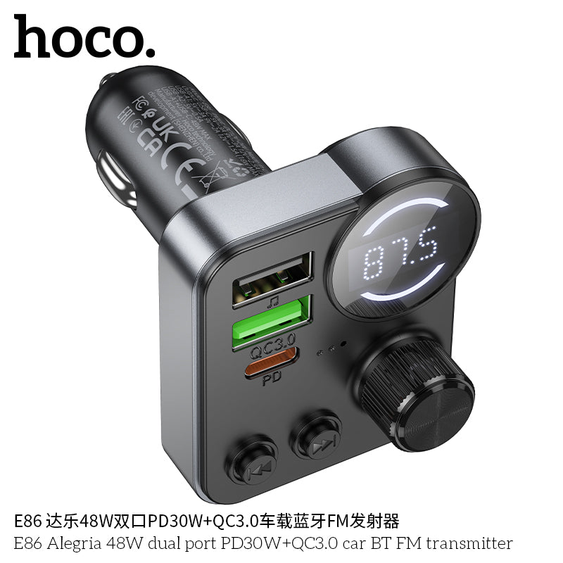 E86 Alegria 48W dual port PD30W+QC3.0 car BT FM transmitter
